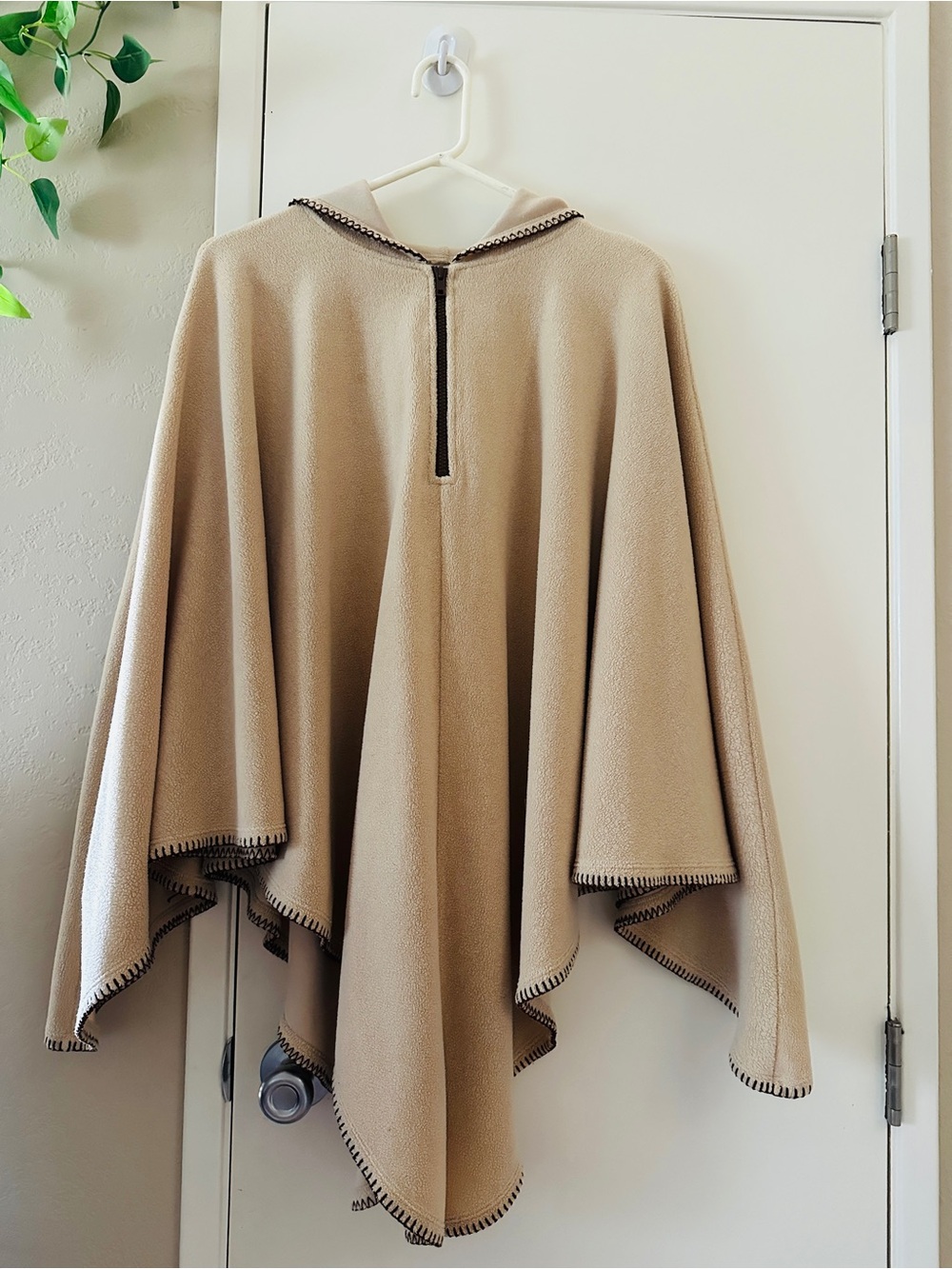 Hooded Poncho by Style Studio in Beige with Brown Accents. One Size